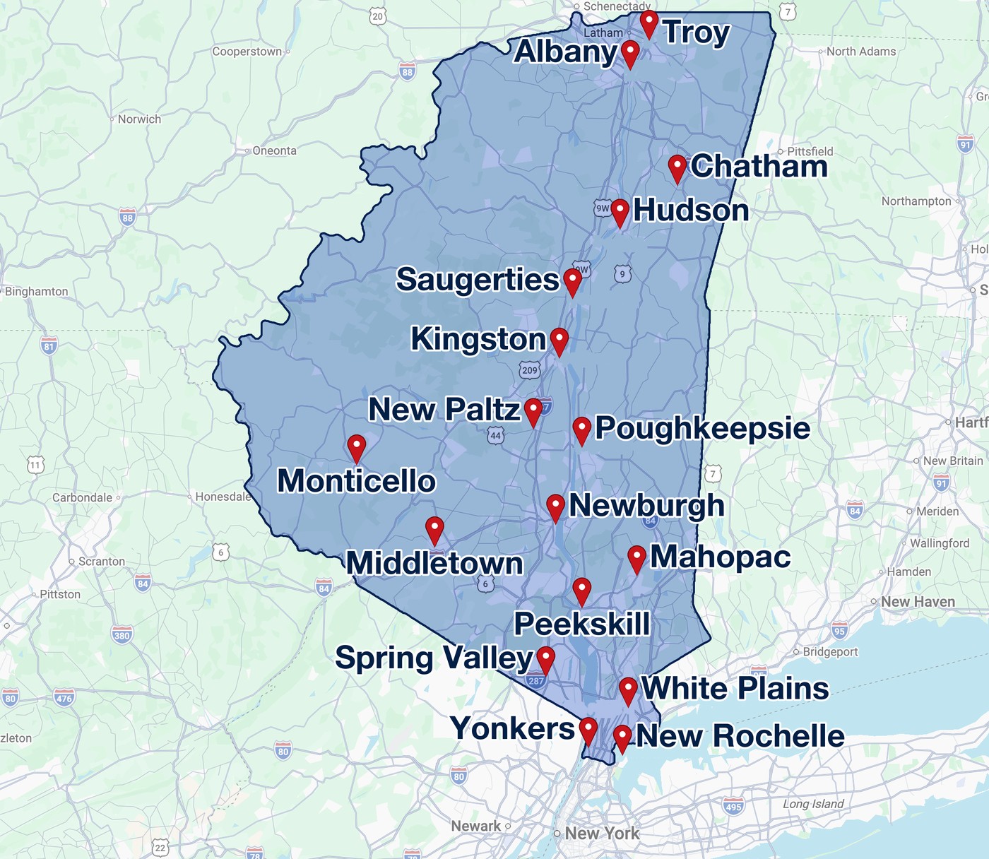Patriot Pottys snow removal service area map, from Albany and Troy down to Yonkers and New Rochelle